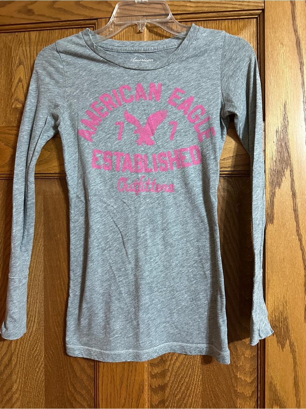 American Eagle Outfitters Gray Long-Sleeve Tee with Pink Logo